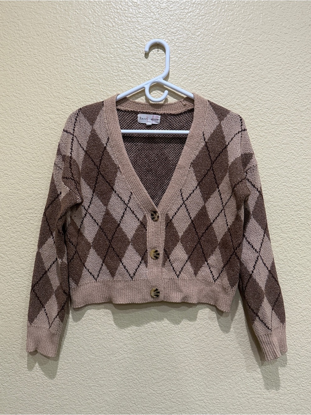 Hazel Moon Argyle Knit Cropped Button Cardigan XS Brown Beige Dark Academia Twee